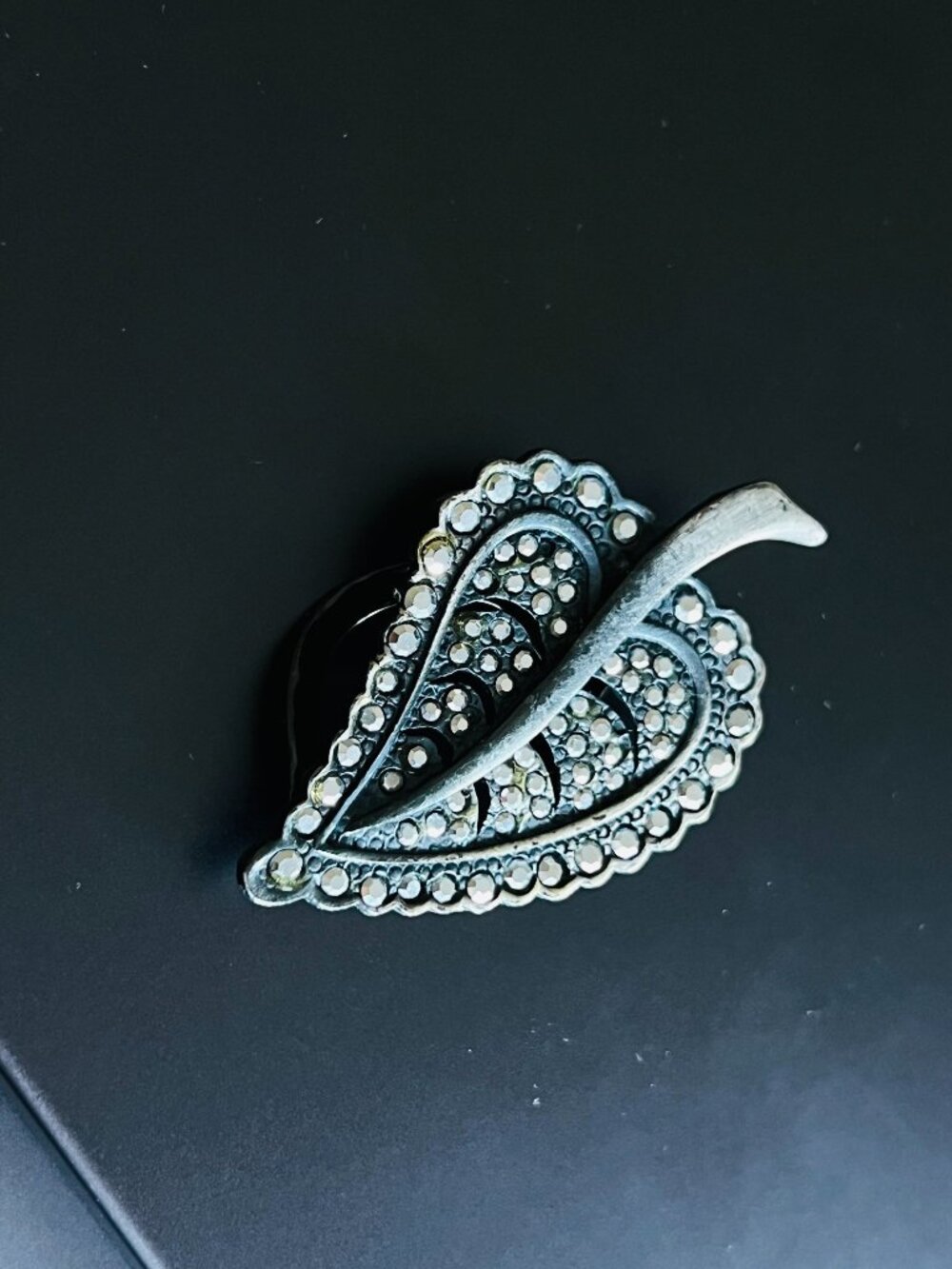Vintage Marcasite Style Leaf Convertible Brooch Clip & Pendant - Antique Silver